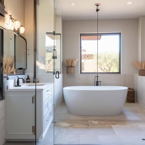 A beautiful primary bathroom renovation in Scottsdale, AZ, that looks fresh and clean and wellventilated