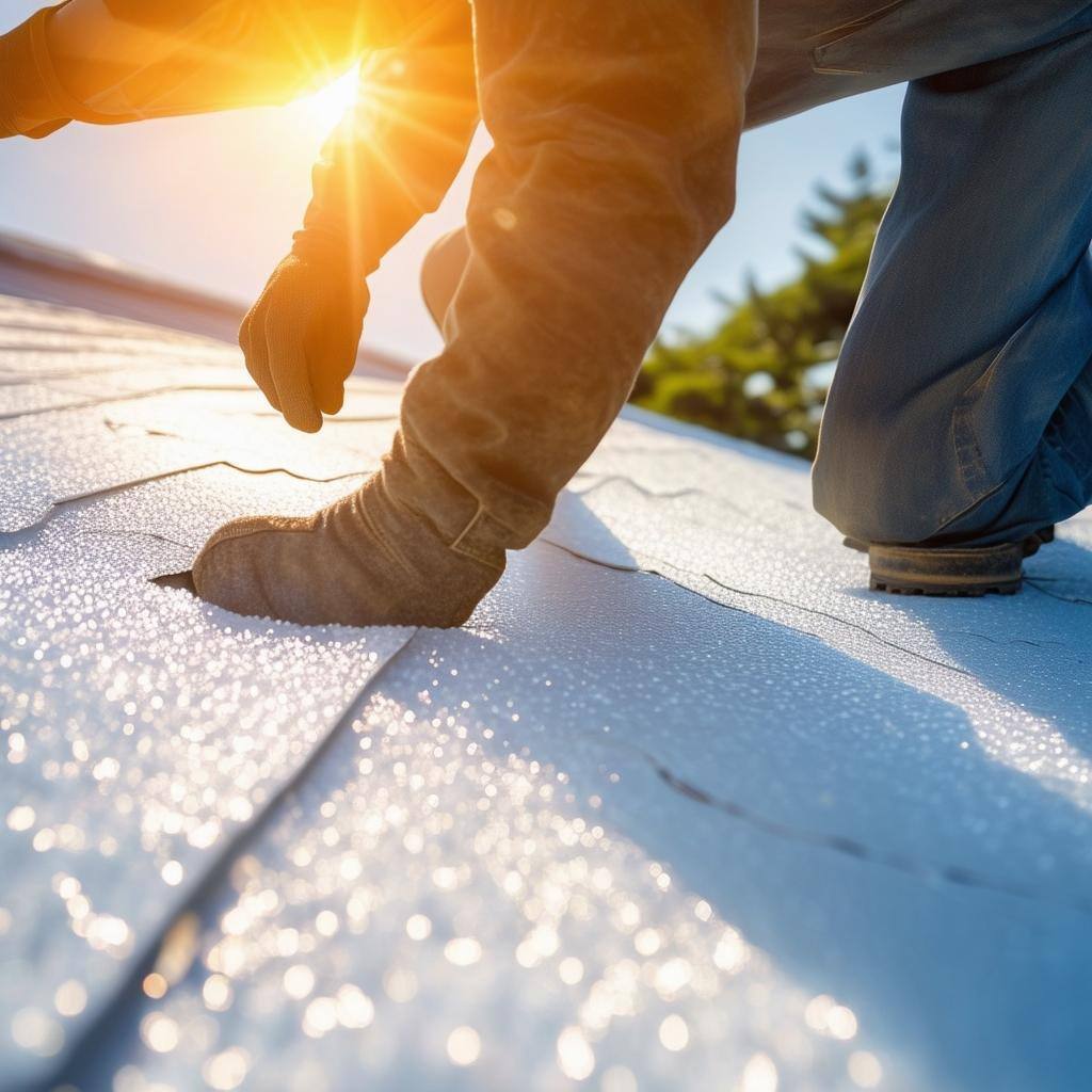 An image of a homeowner inspecting a foam roof for cracks and holes, with the sun shining down on the roof