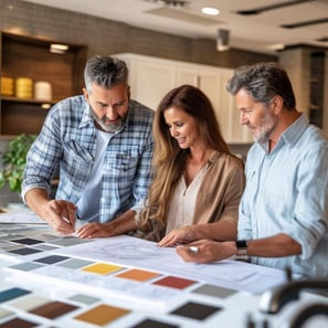 An interior designer working with a homeowner man and woman couple in a beautiful design remodel showroom