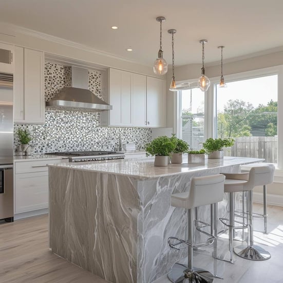 The image depicts a beautifully remodeled kitchen, showcasing a large island with a stunning quartz countertop that features a subtle, elegant veining