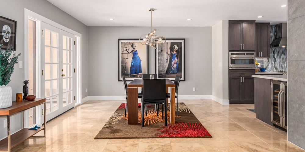 Dining Room Remodel with French Doors and Tiled Floor in Scottsdale