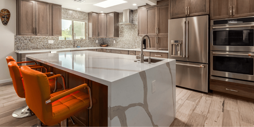 Natural Stone Waterfall Countertop in Modern Kitchen Renovation in Phoenix