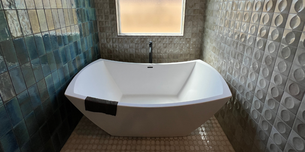 Handmade Blue Green Tile with Variations and Texture Around Soaking Tub in Scottsdale Bathroom Remodel