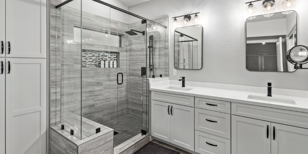 Gray and White Cool Modern Bathroom Remodel with Step in Shower and Double Vanity in Phoenix