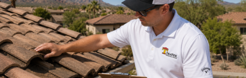 TRAVEK roofing professional performing a roof inspection on an Arizona tile roof