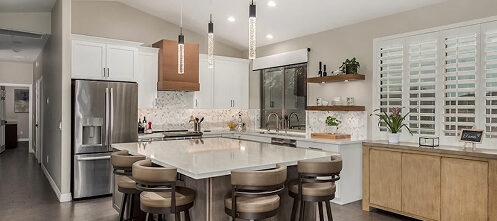 Neutral white and soft brown wood remodeled kitchen in Scottsdale, AZ