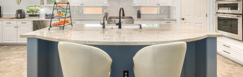 Blue island in a renovated kitchen