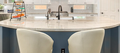 Blue island in a renovated kitchen